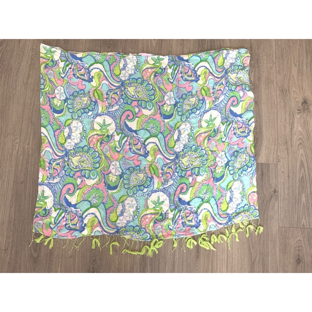 Lilly Pulitzer Scarf OS Blue Pink Paisley Tassel Trim Preppy Beach Resortwear